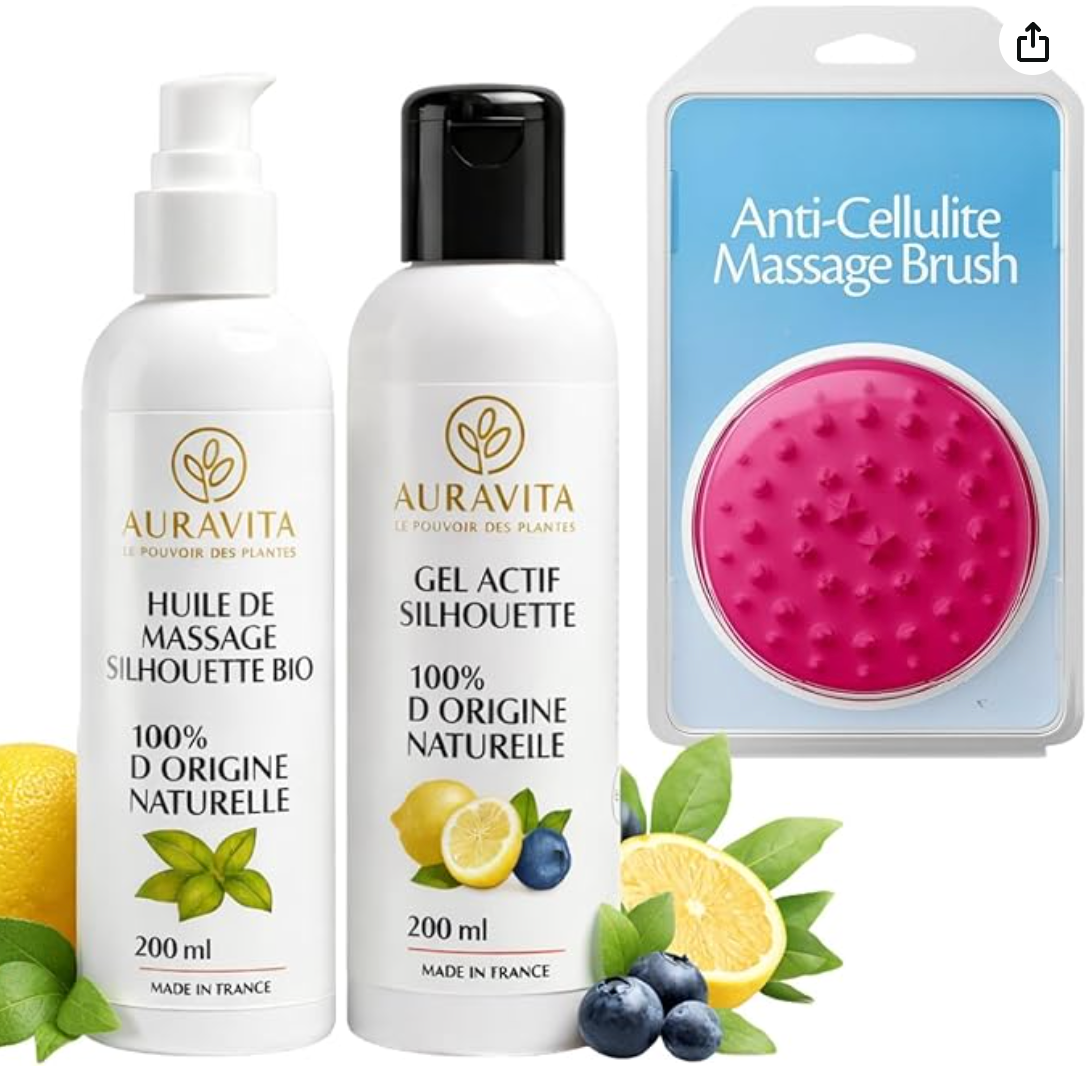 Coffret Routine Anti-Cellulite - Cure Raffermissante & Drainante - Masseur Silicone, Huile & Gel 100% Naturels
